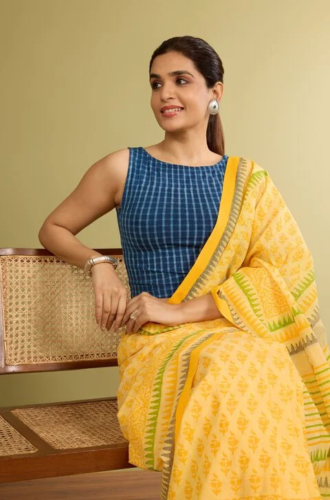 Navy Blue Checked Saree Blouse – Navy Blue & Yellow